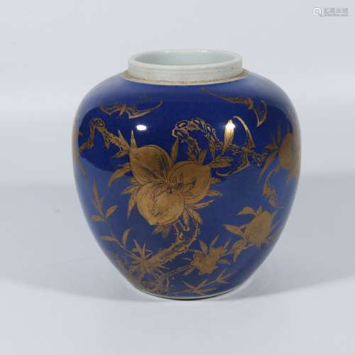 Ji blue glaze painted gold Fushou pattern jar