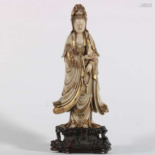 Shoushan stone statue of Guanyin holding a bottle