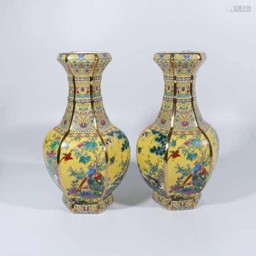 A pair of gilt gilt flowers and birds with yellow background