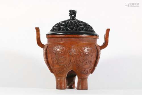 Bamboo-carved gluttonous three-legged stove (original with r...