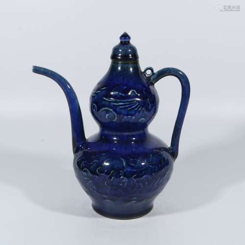 Blue-glazed dragon and phoenix gourd pot