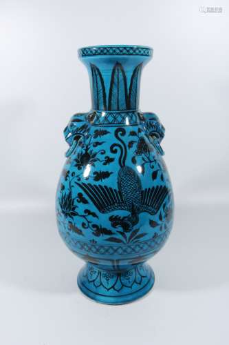 Peacock blue and black phoenix bottle