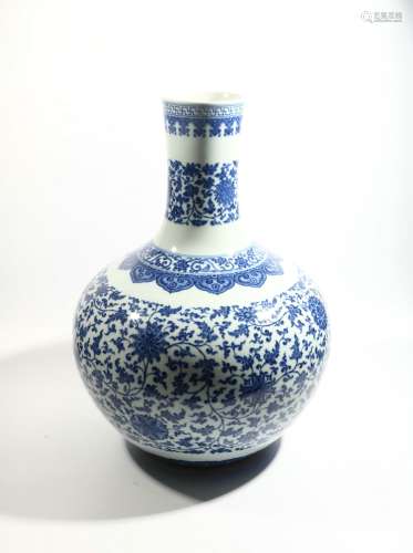 Blue and white big celestial bottle with lotus pattern