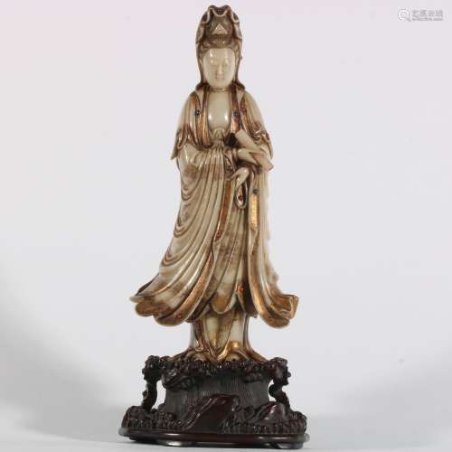 Shoushan stone holding scroll Guanyin seated statue
