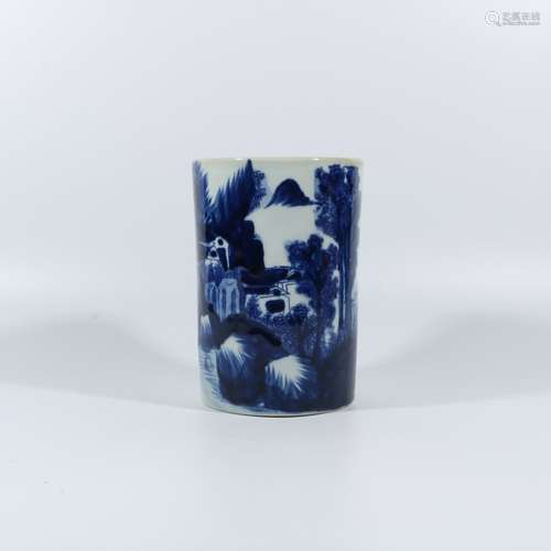 blue and white landscape pen holder