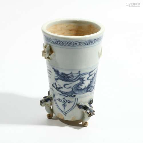 Blue and white dragon pattern incense burner with three anim...