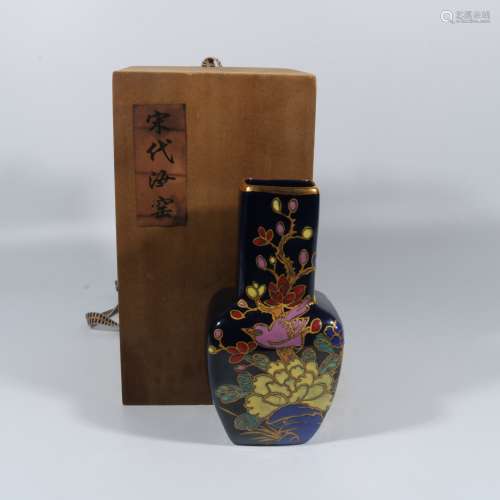 Blue glaze painted gold flower and bird square vase