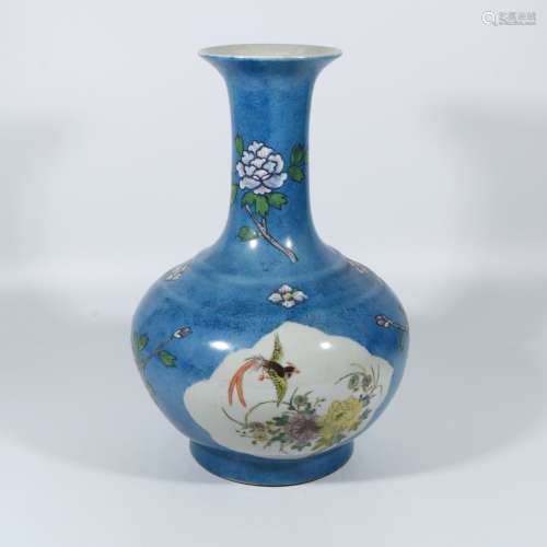 Blue glazed flower and bird bottle