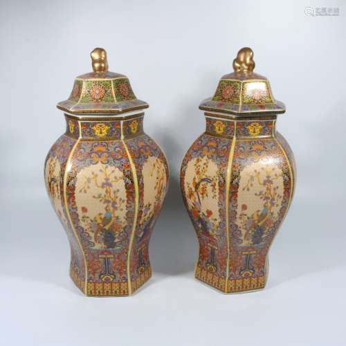 A pair of pastel painted gold flower and bird hexagonal lid ...