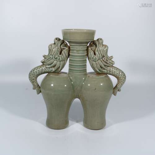 Celadon glaze double dragon ear bottle