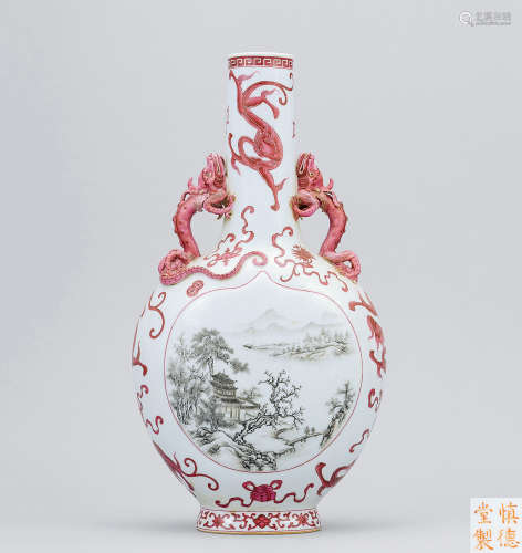 民國 胭脂紅雕瓷雙龍墨彩山水山水瓶“慎德堂製”款