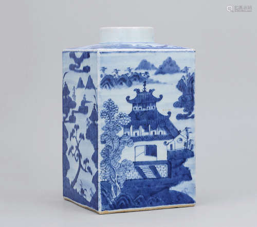 十八世紀 青花通景山水四方茶罐