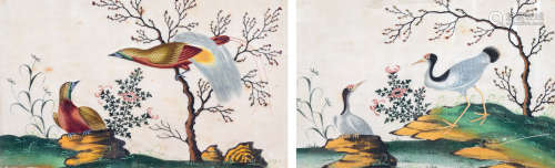 19世紀 通草紙畫花鳥圖掛屏 二件
