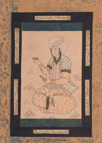 A SEATED YOUTH WITH A WINE CUP, PERSIA, QAJAR, 19TH/20TH CEN...
