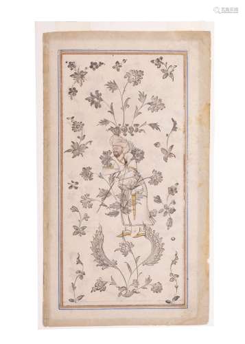 A PERSIAN MINIATURE OF A MAN DEPICTED IN A FLORAL GARDEN, 18...