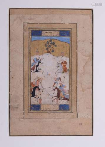 A SAFAVID HORSE RIDER MINIATURE WITH CALLIGRAPHY , 17TH CENT...