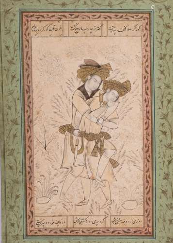 AN ARCHAISTIC SAFAVID TINTED DRAWING OF TWO LOVERS DATED 113...