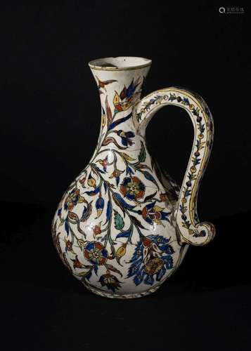 A LARGE KUTAHYA POTTERY FLORAL JUG, OTTOMAN TURKEY, 19TH/20T...