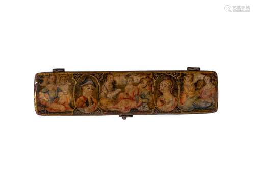 A HIGHLY RARE QAJAR BOX HANDPAINTED WITH EUROPEAN SCENES, 18...