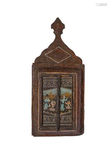 A LATE QAJAR WOODEN & PAPER MACHE WEDDING MIRROR, 19TH C...