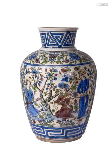 A QAJAR FLORAL FIGURAL VASE, 19TH CENTURY