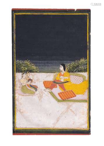 AN INDIAN MINIATURE OF A LADY WITH HER SERVATNS ON A TERRACE...