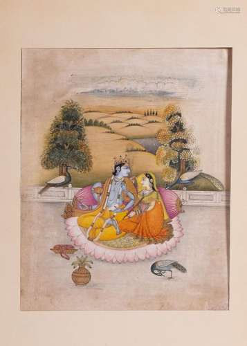 AN ILLUSTRATION OF VISHNU AND RADHA SEATED ON A PALACE ROOFT...