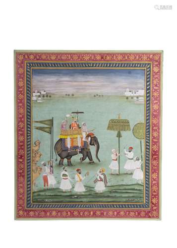 MUGHAL PRINCE RIDING ON AN ELEPHANT WITH HIS TWO SERVANTS, I...