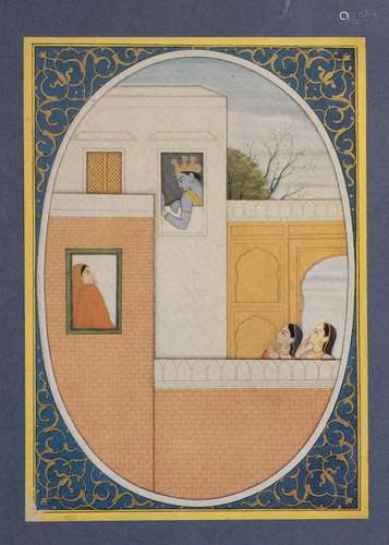 AN INDIAN MINIATURE OF KRISHNA WITH FEMALE ADMIRERS, 19TH/20...