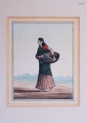 AN INDIAN MINIATURE OF A STANDING PORTRAIT OF A VILLAGE LADY...