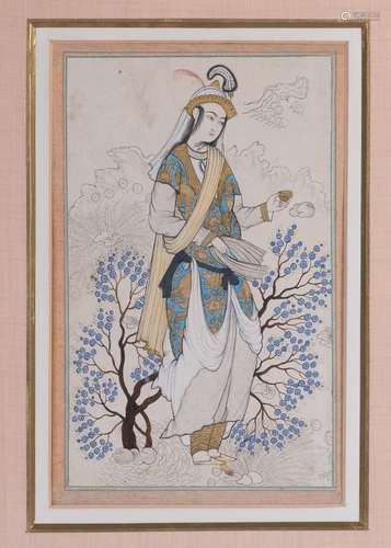 AN INDIAN MINIATURE OF A YOUNG PRINCE WITH A TEA CUP, 20TH C...