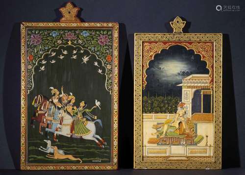 A PAIR OF MUGHAL WOODEN MIRRORS WITH ILLUSTRATIONS, INDIAN 1...