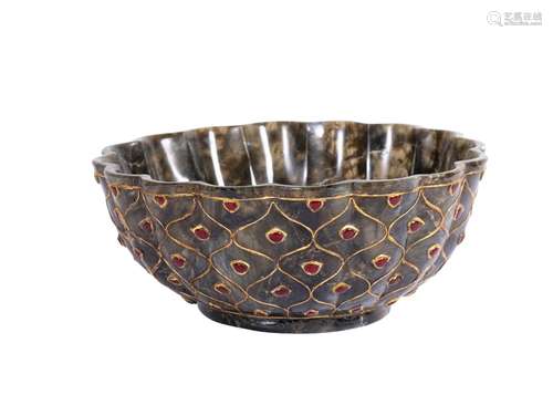 A MUGHAL STYLE SPINACH JADE LOBBED GEM SET BOWL, 19TH CENTUR...