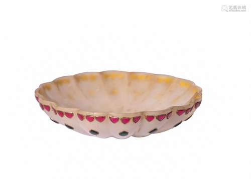 A GEM SET MUGHAL STYLE LOBED JADE BOWL, 19TH/20TH CENTURY