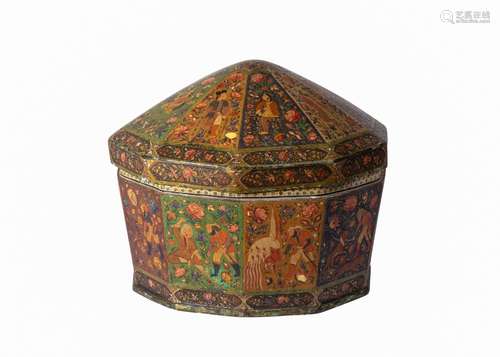 A LACQUERED & PAINTED PAPER MACHE POLYGONAL WOODEN BOX, ...