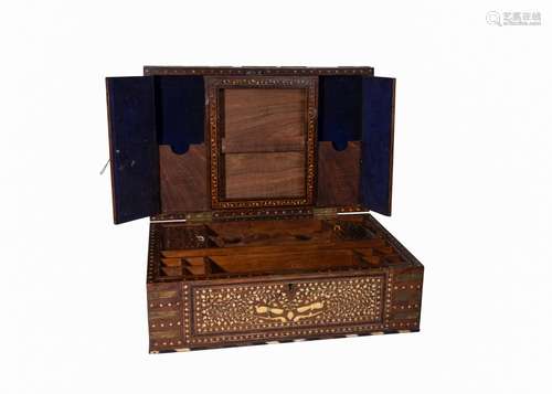 AN ANGLO INDIAN BRASS BOUND BONE INLAID TEAK WRITING BOX HOS...