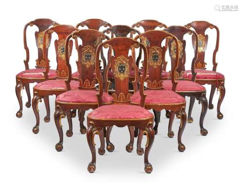 A SET OF EIGHT GEORGE II WALNUT AND PARCEL GILT DINING CHAIR...