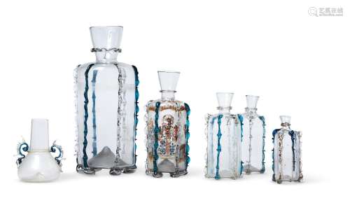 FIVE VARIOUS VENETIAN GLASS HEXAGONAL SECTION BOTTLES/FLASKS...