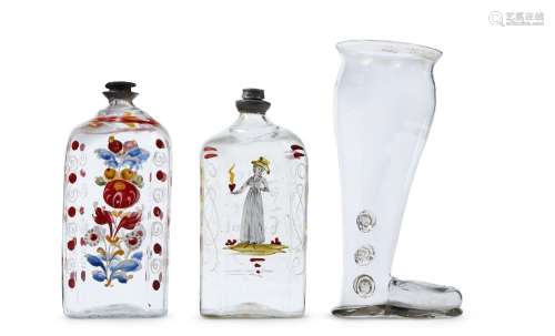 TWO GERMAN ENAMELLED GLASS AND PEWTER MOUNTED SPIRIT FLASKS,...