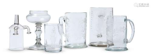 THREE VARIOUS GERMAN GLASS ENGRAVED TANKARDS, MID 18TH CENTU...