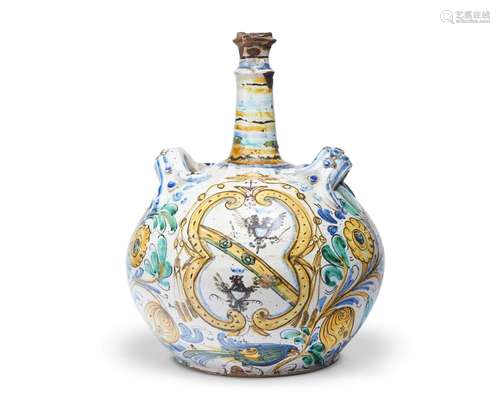 A LARGE SICILIAN MAIOLICA TWO-HANDLED FLASK OF PILGRIM BOTTL...