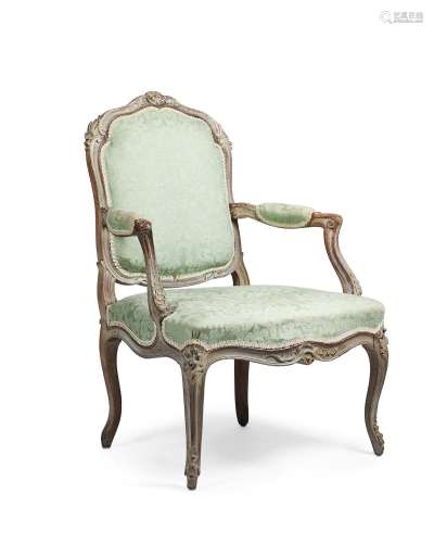 A FRENCH PAINTED OAK ARMCHAIR IN LOUIS XV STYLE, 19TH CENTUR...