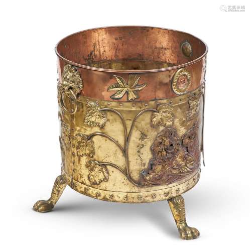 AN ANGLO-DUTCH COPPER AND BRASS EMBOSSED COAL BUCKET, MID 19...