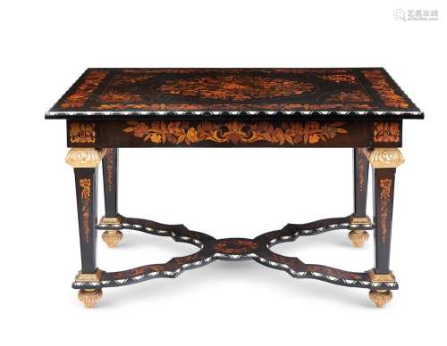 A DUTCH EBONISED, MARQUETRY AND BONE INLAID CENTRE TABLE, FI...