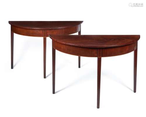 A PAIR OF MAHOGANY AND LINE INLAID CONSOLE TABLES, LATE 18TH...