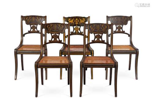A SET OF FOUR BROWN PAINTED AND PARCEL GILT SIDE CHAIRS, LAT...