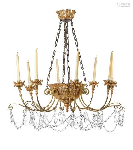 A PAINTED AND GILTWOOD AND COMPOSITION EIGHT LIGHT CHANDELIE...