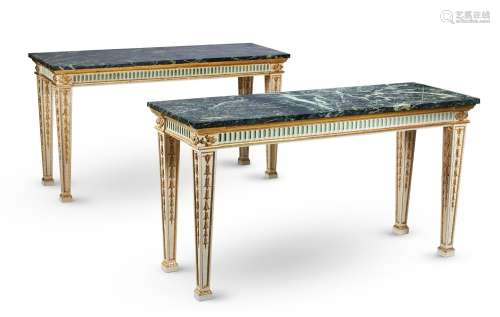 A PAIR OF GILTWOOD AND PAINTED CONSOLE TABLE IN GEORGE III S...