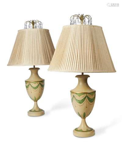 A PAIR OF CREAM AND PAINTED TOLEWARE BALUSTER TABLE LAMPS, 2...