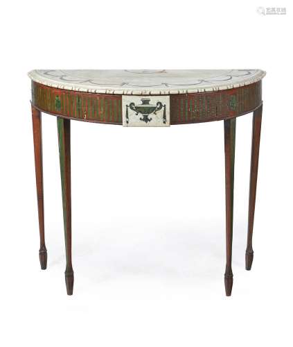 AN EDWARDIAN PAINTED AND STAINED PINE CONSOLE TABLE IN GEORG...